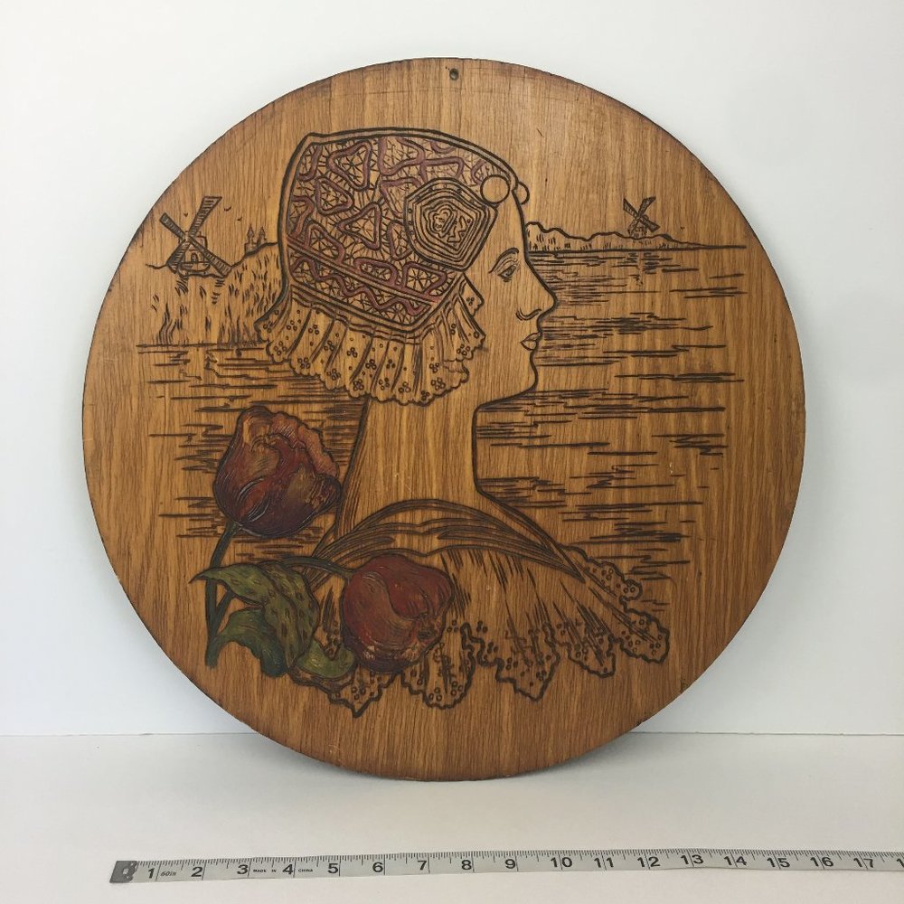 Vtg Dutch Woman Windmill Tulips Pyrography Art‎
